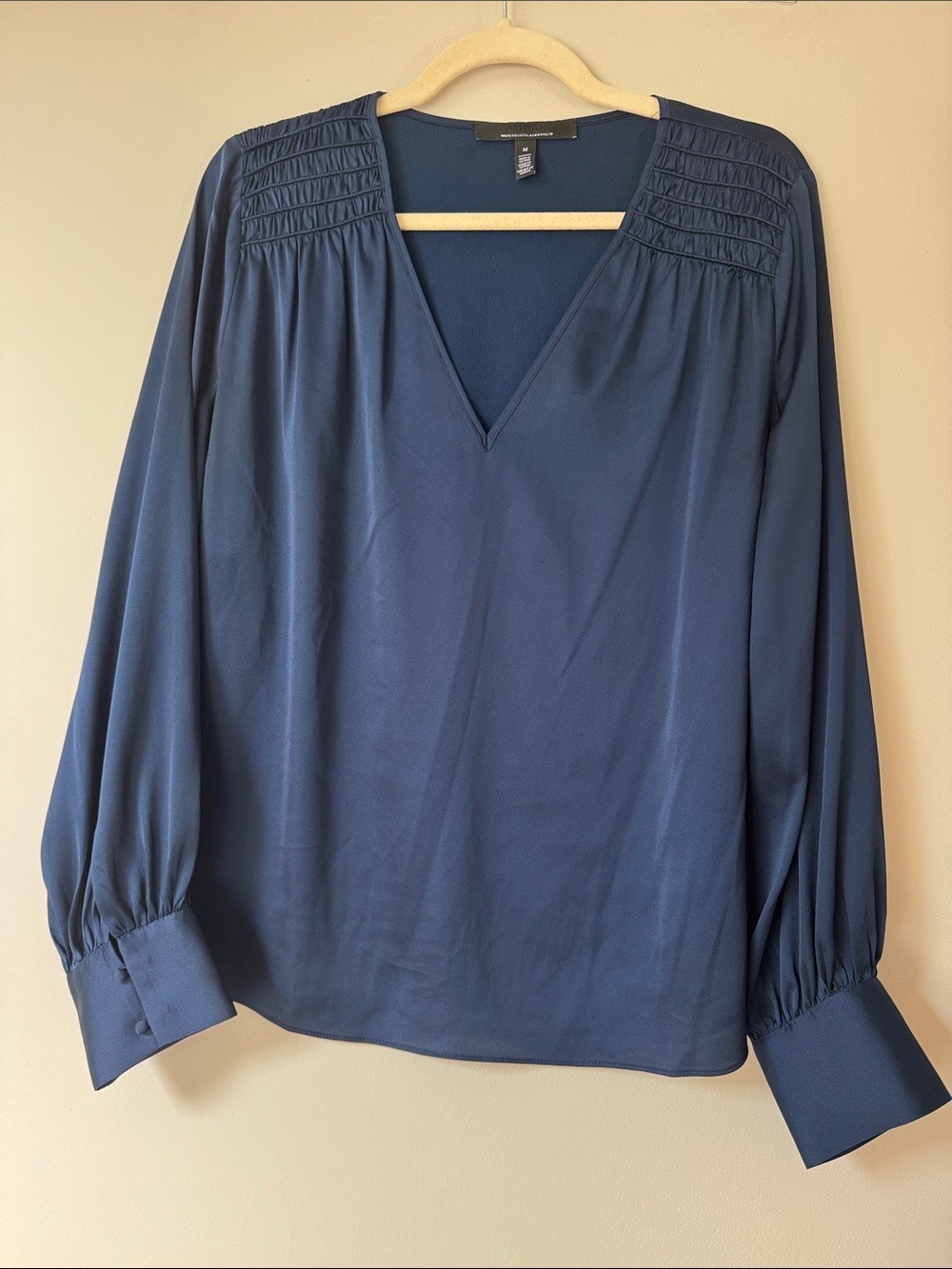 White House Black Market Navy V-Neck Pintuck Shoulder Blouse